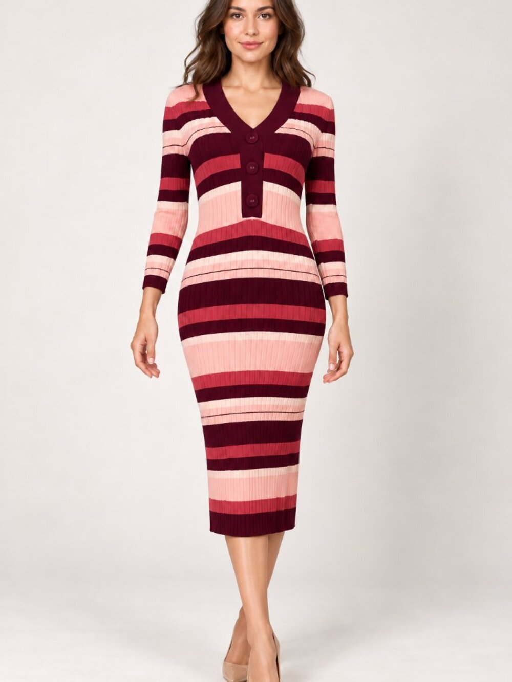 Eva Mendes Pink & Burgundy Striped Sweater Dress S